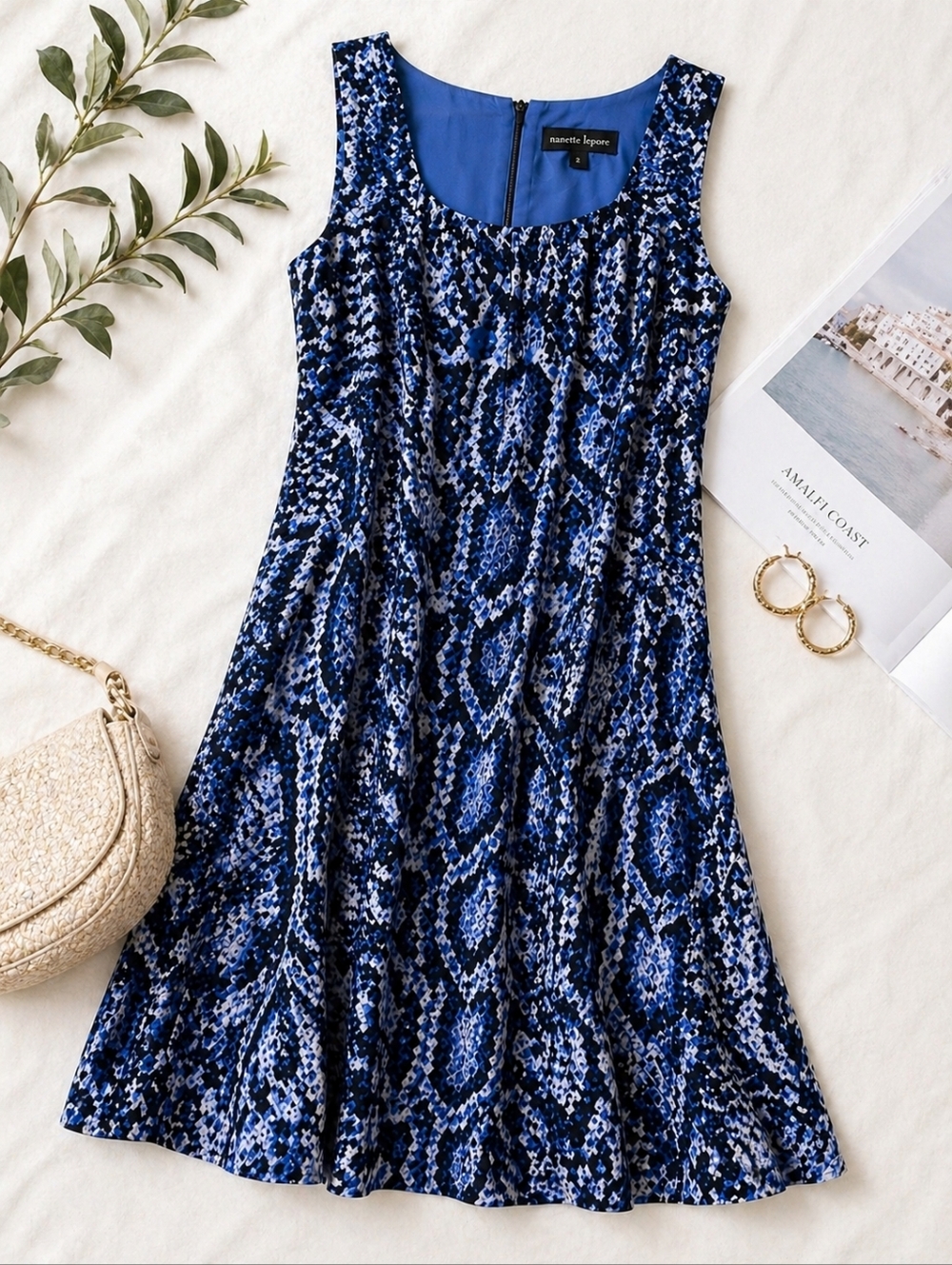 Nanette Lepore Silk Shift Dress Blue Abstract Print Sleeveless Square Neck 2